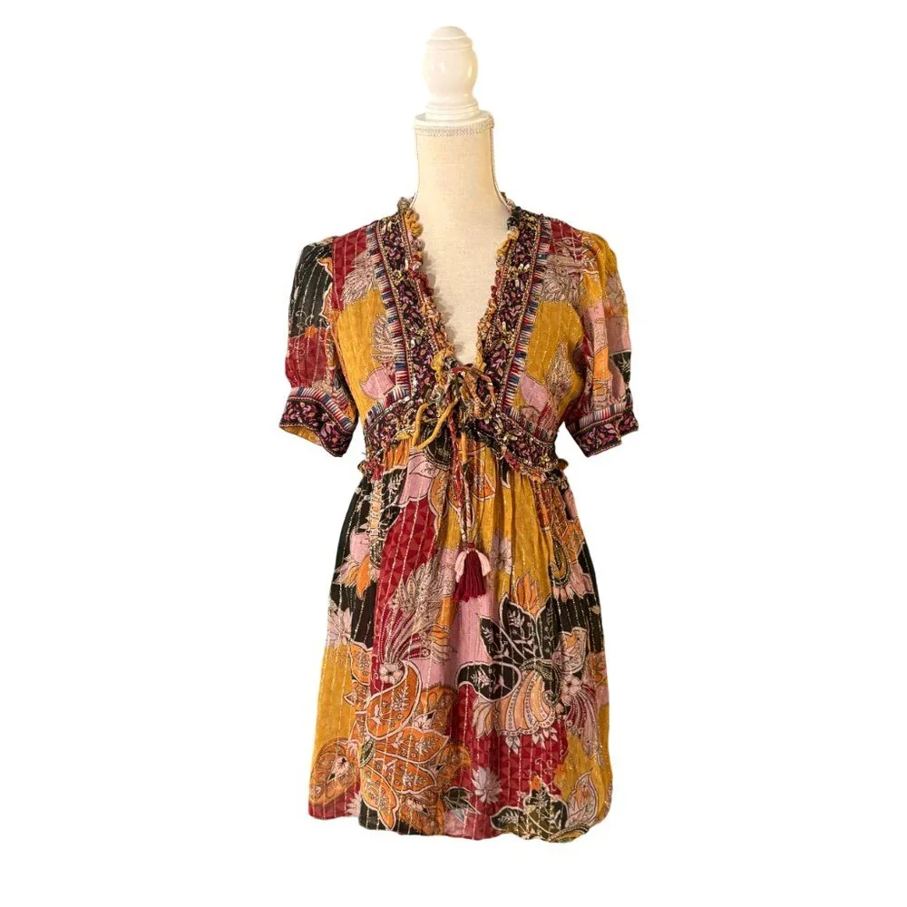 Anthropologie Beaded Shimmer Mini Dress M medium Verb metallic v-neck red yellow
